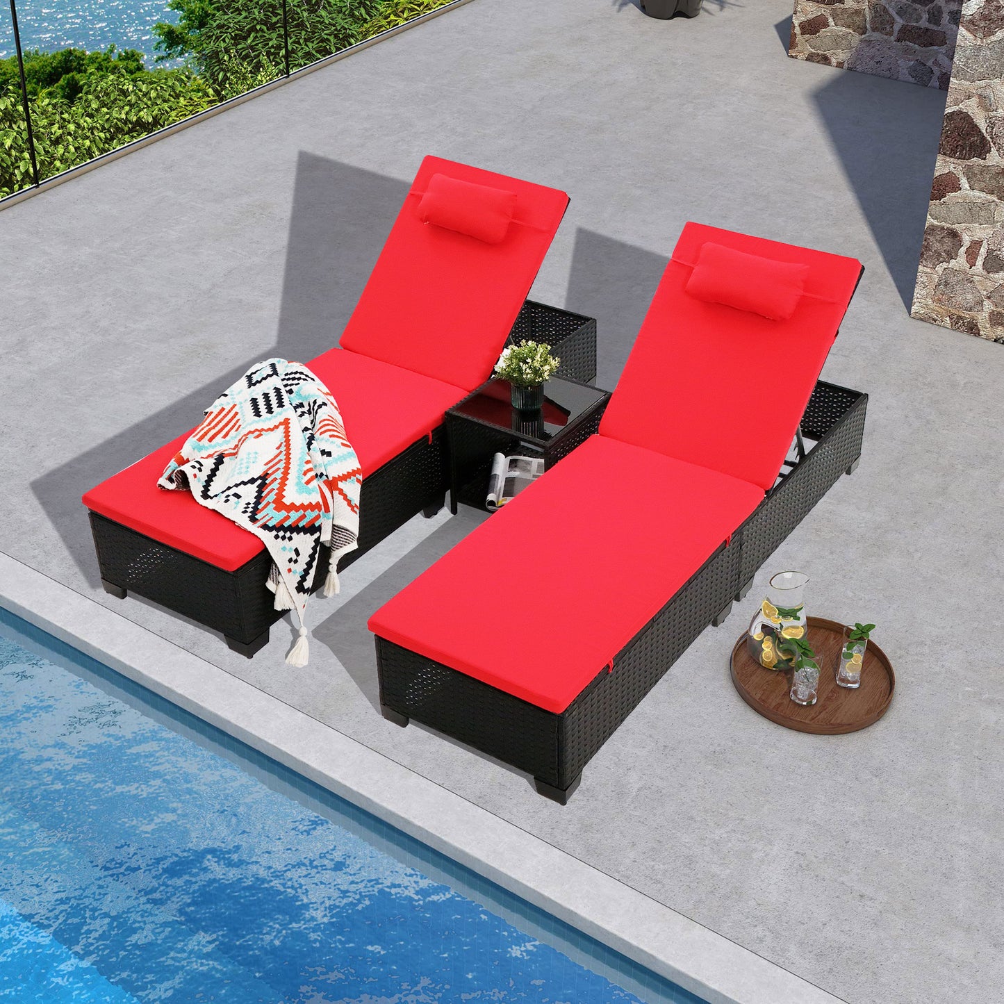 3 Pcs Patio Chaise Lounge with Coffee Table Cushion&Pillow Outdoor Lounge Chair Chaise Lounger Patio Reclining Chair 5 Angle Adjustment PE Rattan for Courtyards Poolside Garden