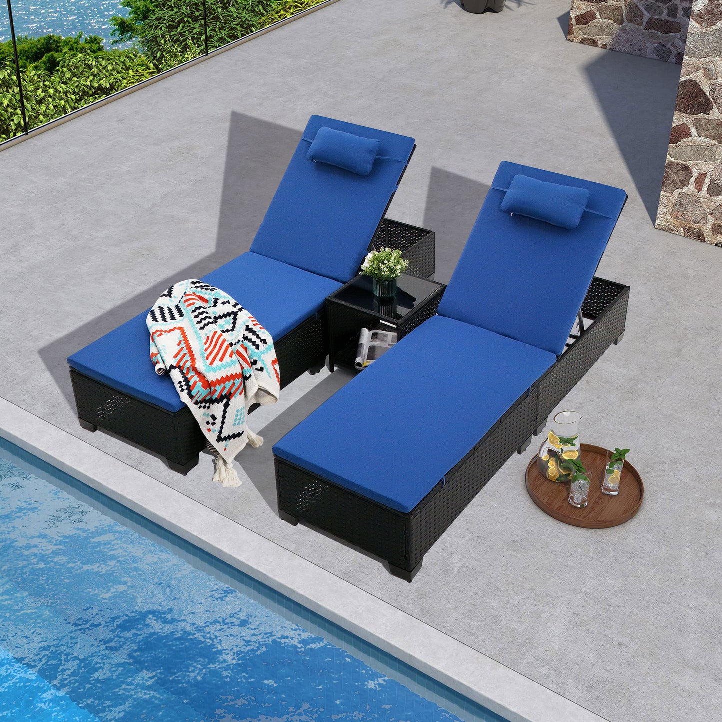 3 Pcs Patio Chaise Lounge with Coffee Table Cushion&Pillow Outdoor Lounge Chair Chaise Lounger Patio Reclining Chair 5 Angle Adjustment PE Rattan for Courtyards Poolside Garden