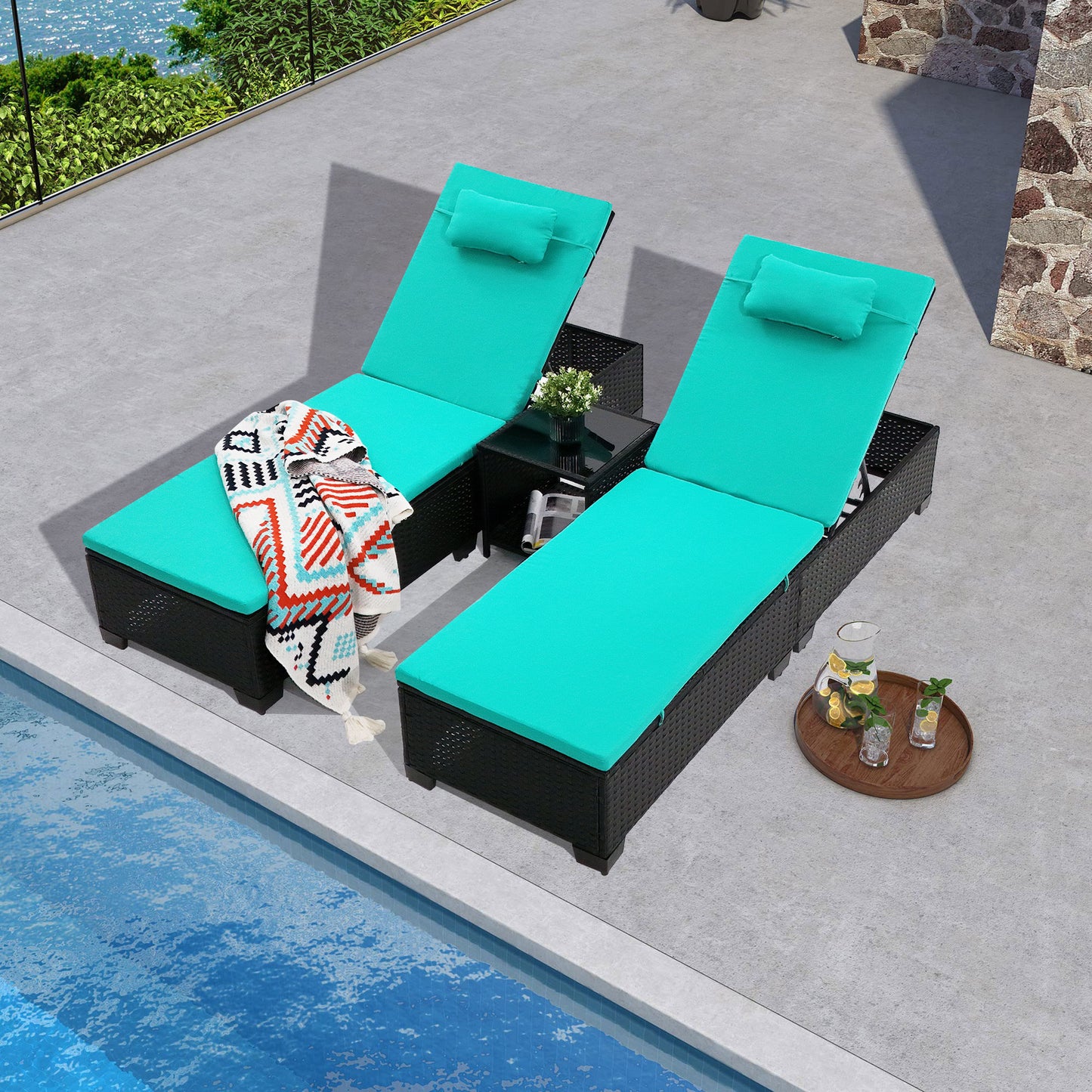 3 Pcs Patio Chaise Lounge with Coffee Table Cushion&Pillow Outdoor Lounge Chair Chaise Lounger Patio Reclining Chair 5 Angle Adjustment PE Rattan for Courtyards Poolside Garden