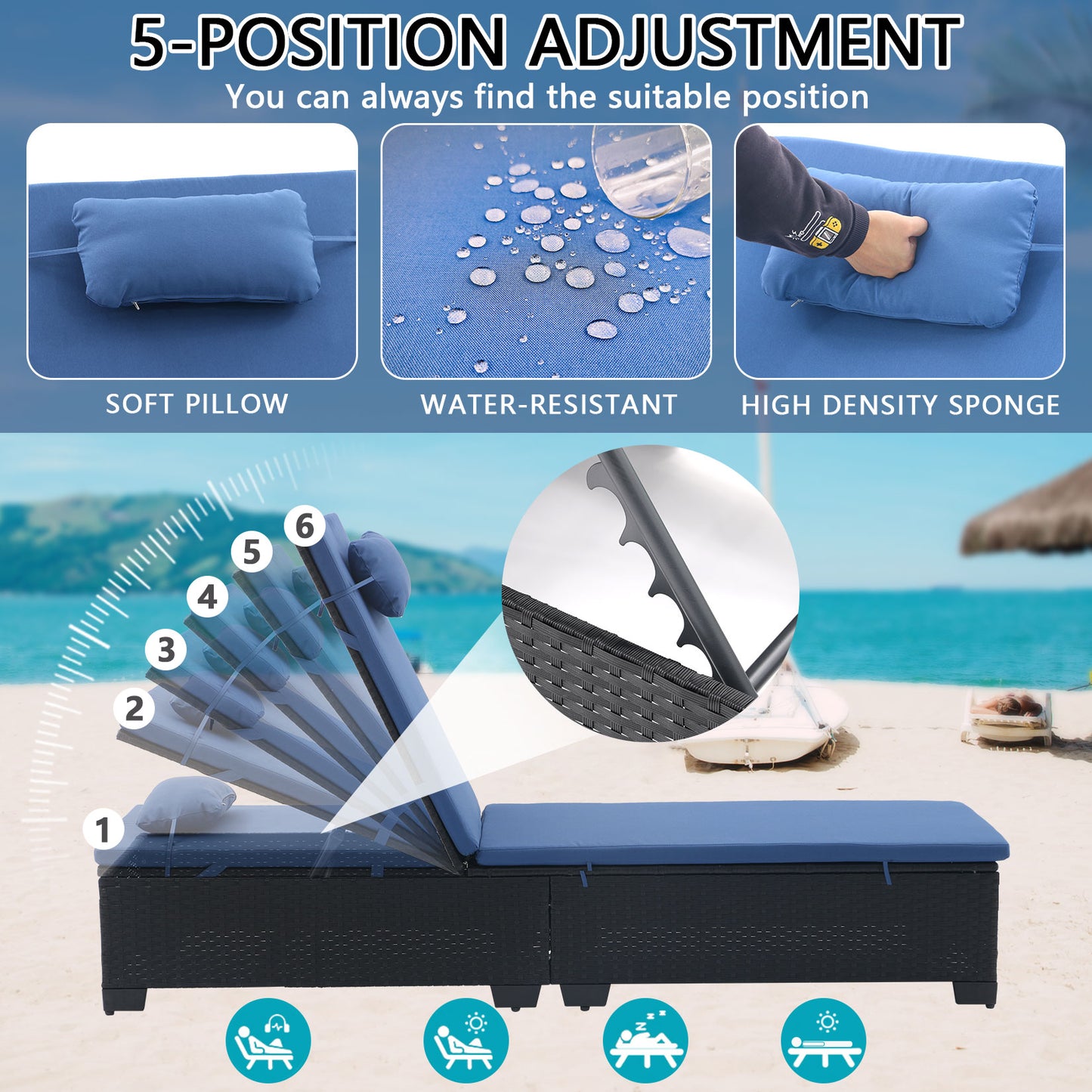 3 Pcs Patio Chaise Lounge with Coffee Table Cushion&Pillow Outdoor Lounge Chair Chaise Lounger Patio Reclining Chair 5 Angle Adjustment PE Rattan for Courtyards Poolside Garden