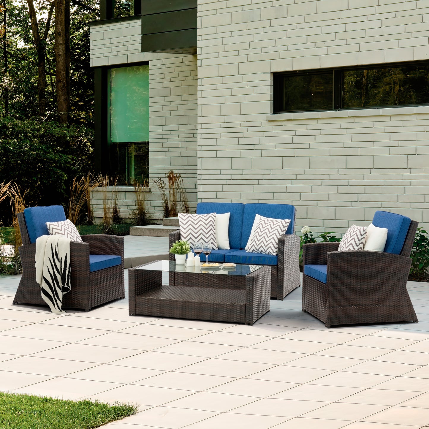 4 Pieces Coffee Table and Rattan Wicker Chair Conversation Sofa Set