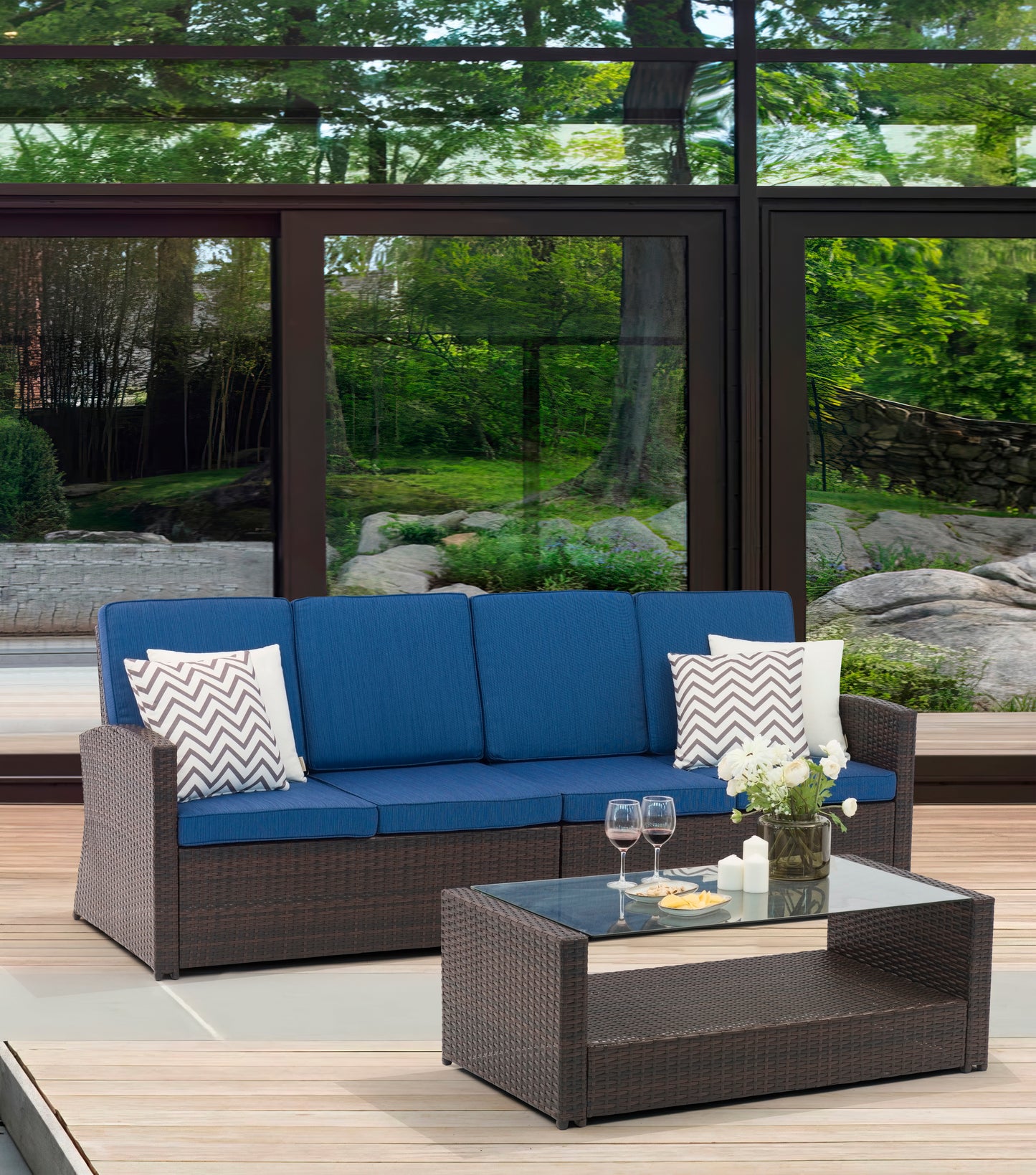 3 Pieces Loveseat Rattan Chair Wicker Conversation Sofa Set