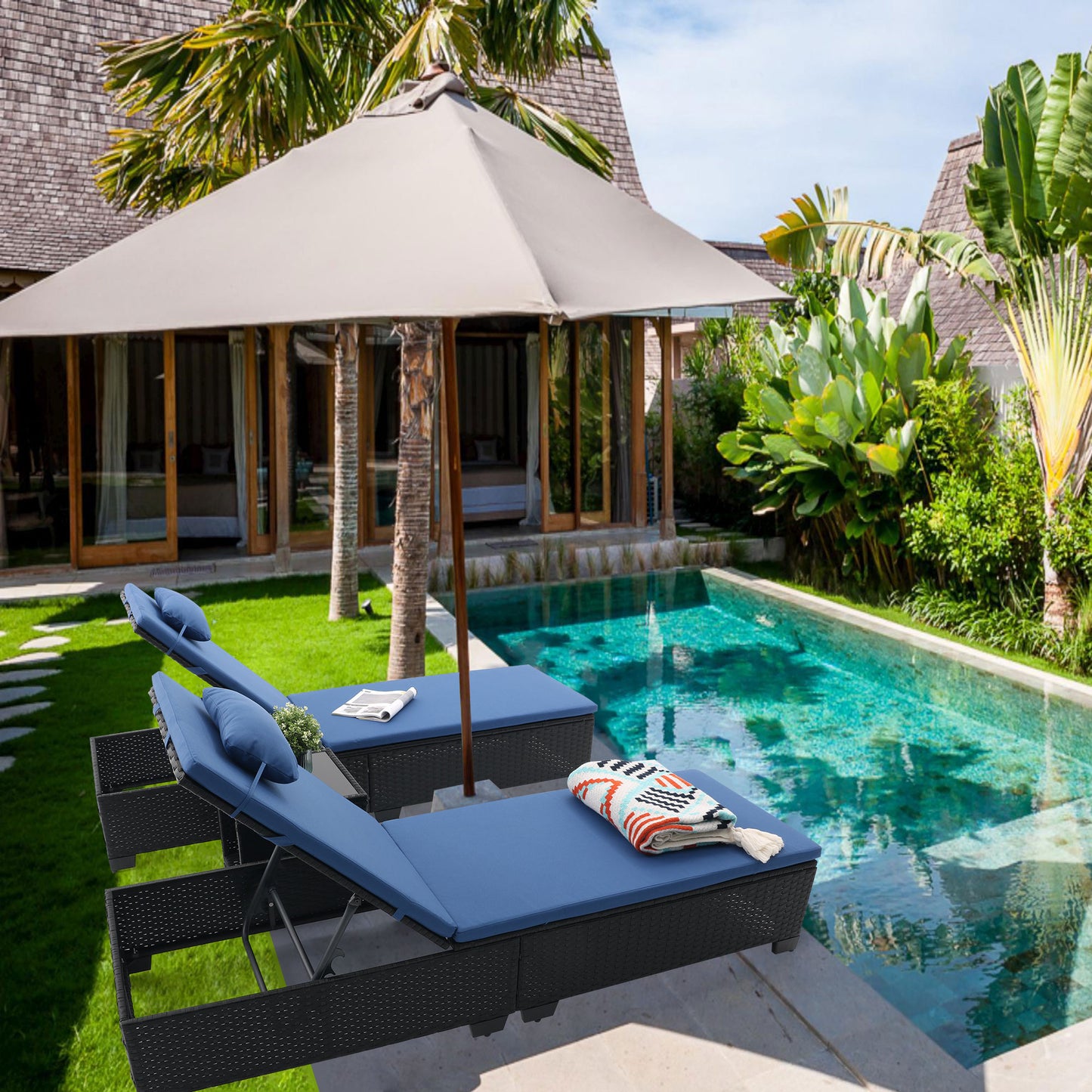 3 Pcs Patio Chaise Lounge with Coffee Table Cushion&Pillow Outdoor Lounge Chair Chaise Lounger Patio Reclining Chair 5 Angle Adjustment PE Rattan for Courtyards Poolside Garden