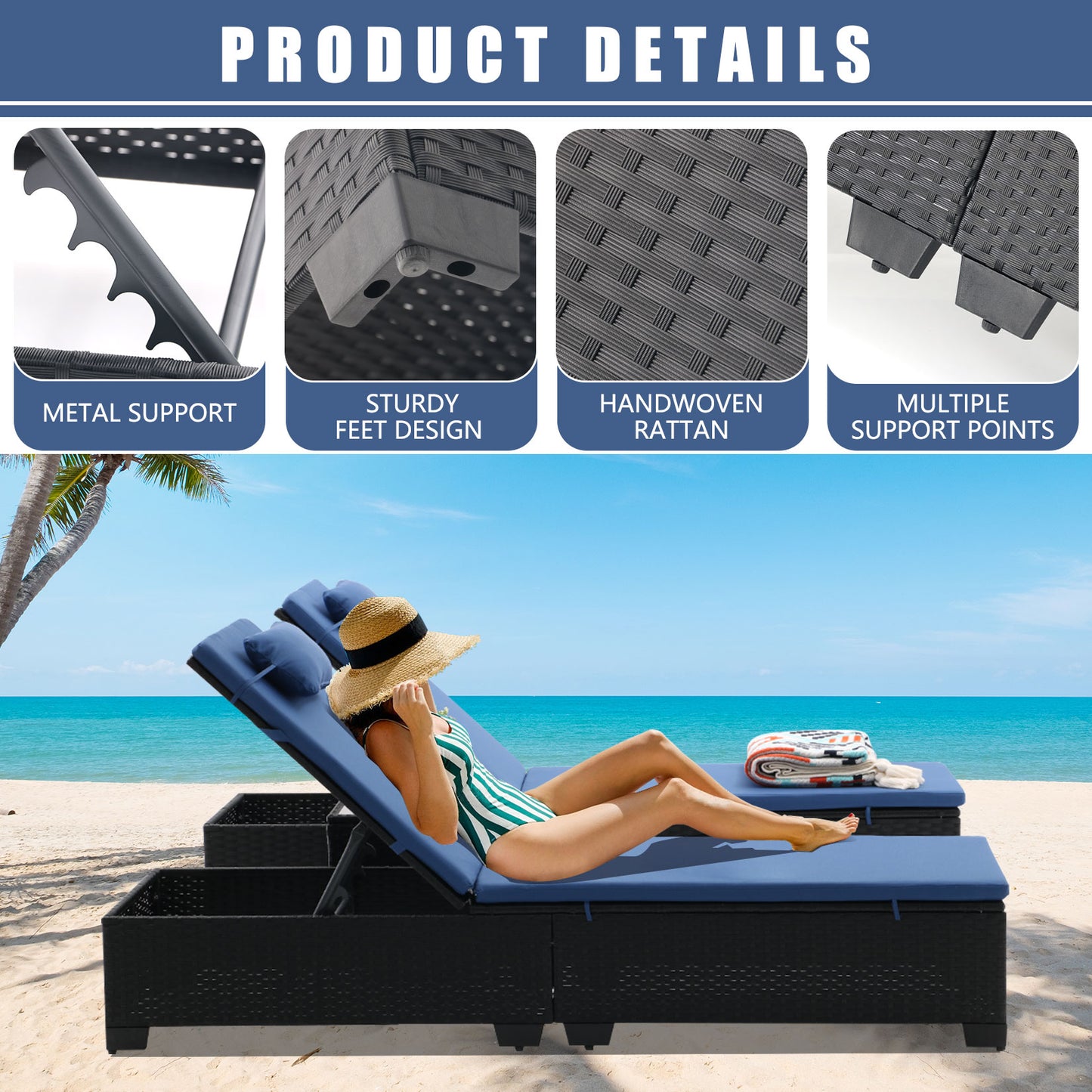 3 Pcs Patio Chaise Lounge with Coffee Table Cushion&Pillow Outdoor Lounge Chair Chaise Lounger Patio Reclining Chair 5 Angle Adjustment PE Rattan for Courtyards Poolside Garden