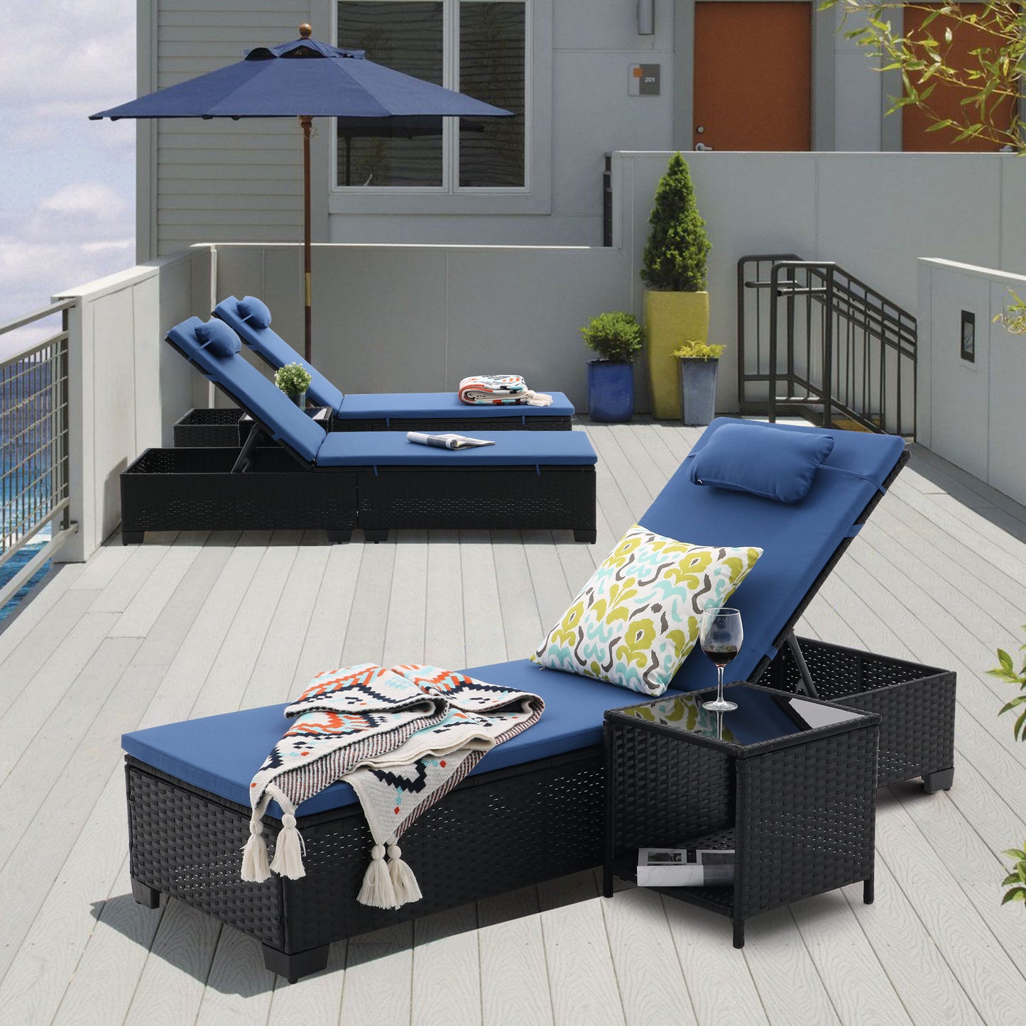 3 Pcs Patio Chaise Lounge with Coffee Table Cushion&Pillow Outdoor Lounge Chair Chaise Lounger Patio Reclining Chair 5 Angle Adjustment PE Rattan for Courtyards Poolside Garden