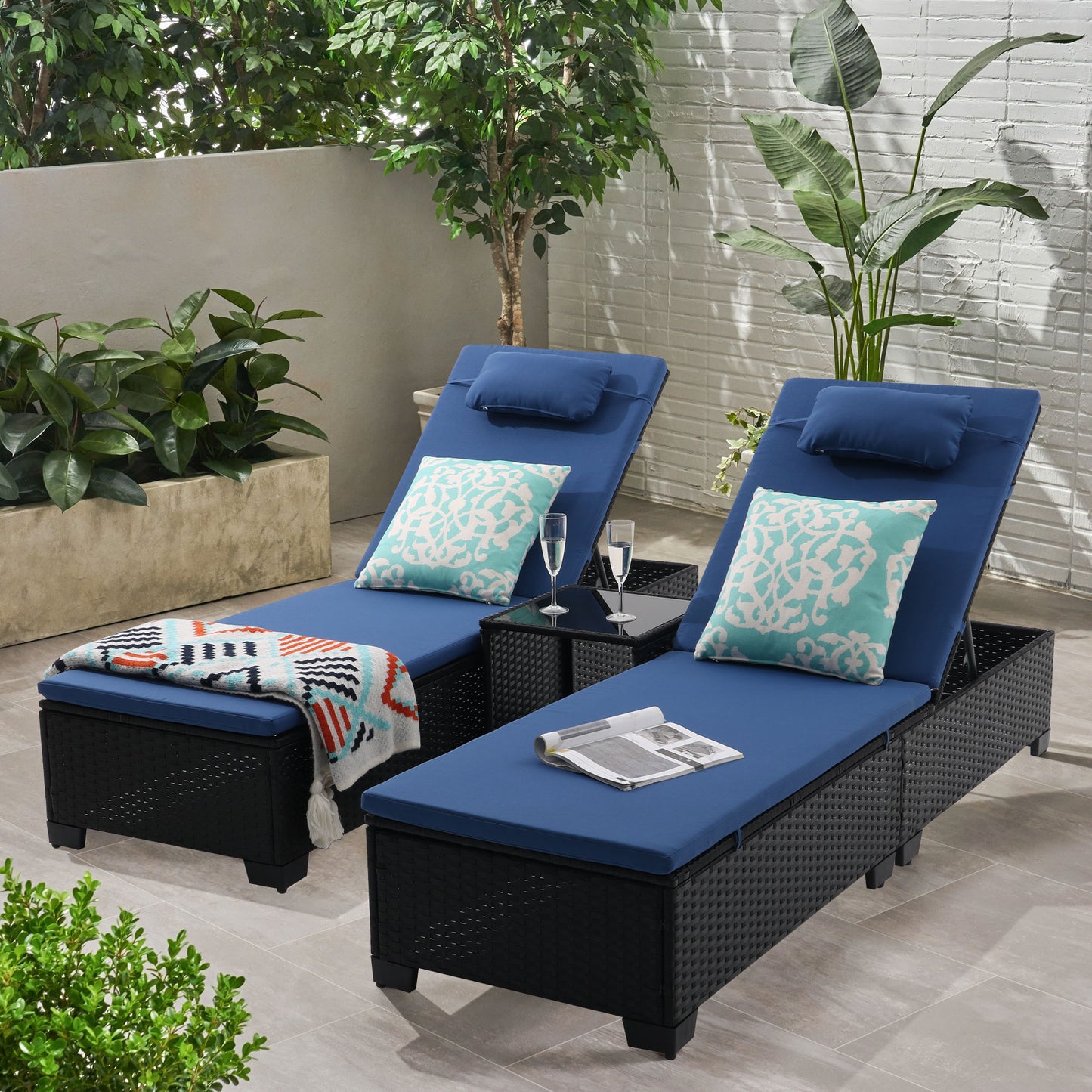 3 Pcs Patio Chaise Lounge with Coffee Table Cushion&Pillow Outdoor Lounge Chair Chaise Lounger Patio Reclining Chair 5 Angle Adjustment PE Rattan for Courtyards Poolside Garden