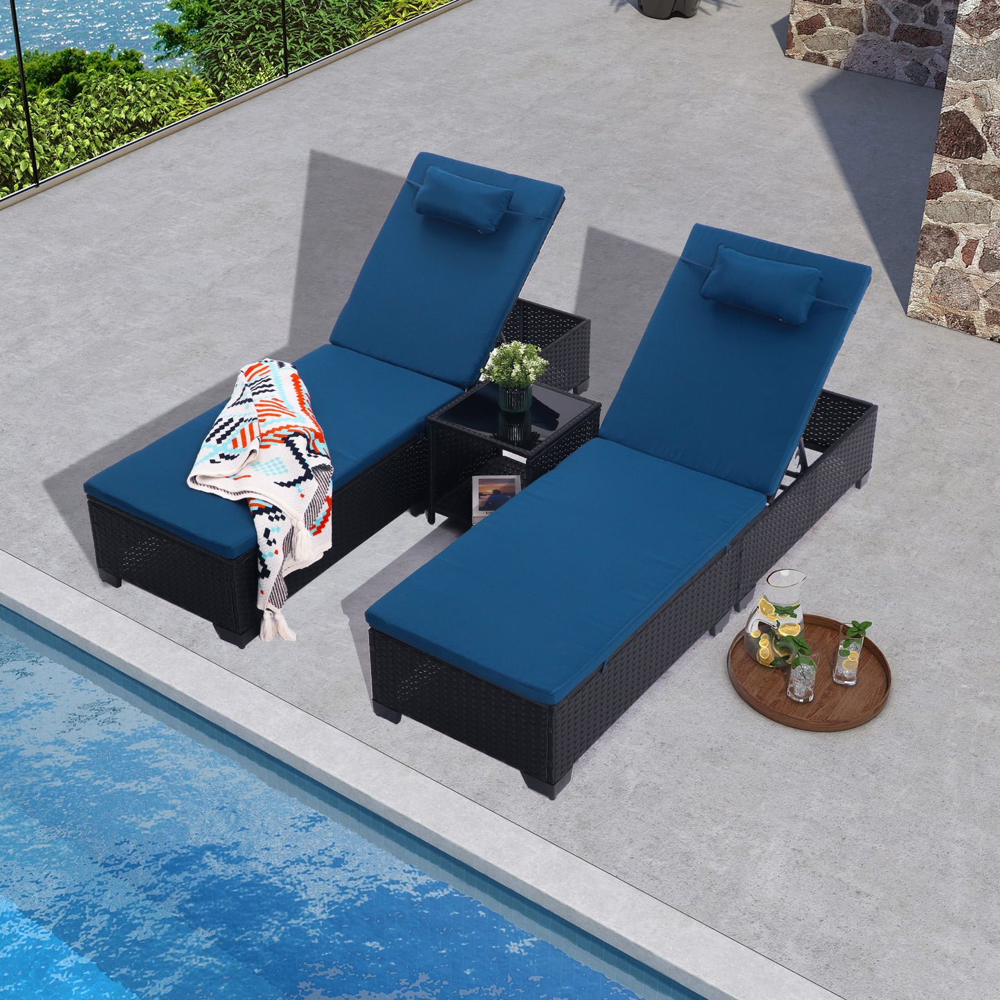 3-Piece Patio Chaise Lounge Set with Coffee Table & Cushions