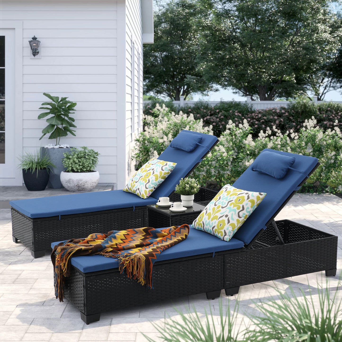 3 Pcs Patio Chaise Lounge with Coffee Table Cushion&Pillow Outdoor Lounge Chair Chaise Lounger Patio Reclining Chair 5 Angle Adjustment PE Rattan for Courtyards Poolside Garden