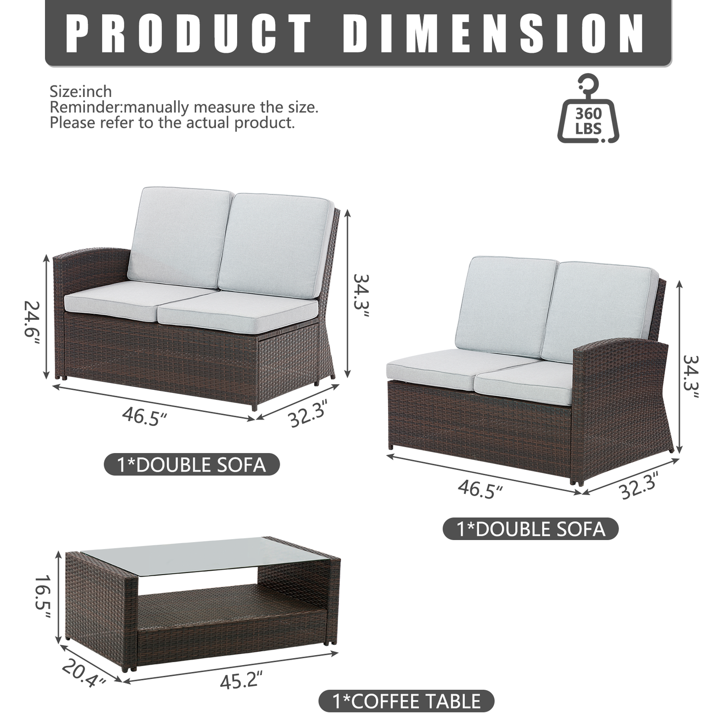 3 Pieces Loveseat Rattan Chair Wicker Conversation Sofa Set