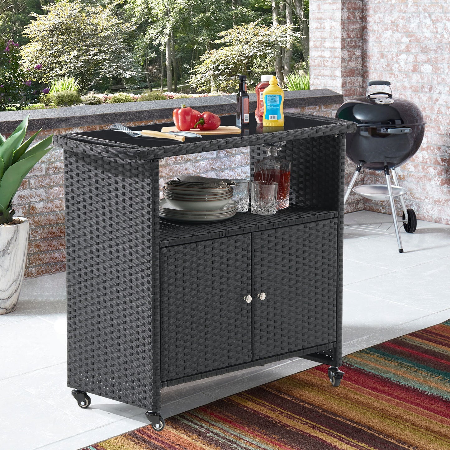 Outdoor Grill Cart with Tempered Glass Top, Multi-Functional BBQ Prep Table, All-Weather PE Rattan & Galvanized Steel, 4 Wheels with Brakes, Patio Kitchen Island for Grilling, Serving & Storage