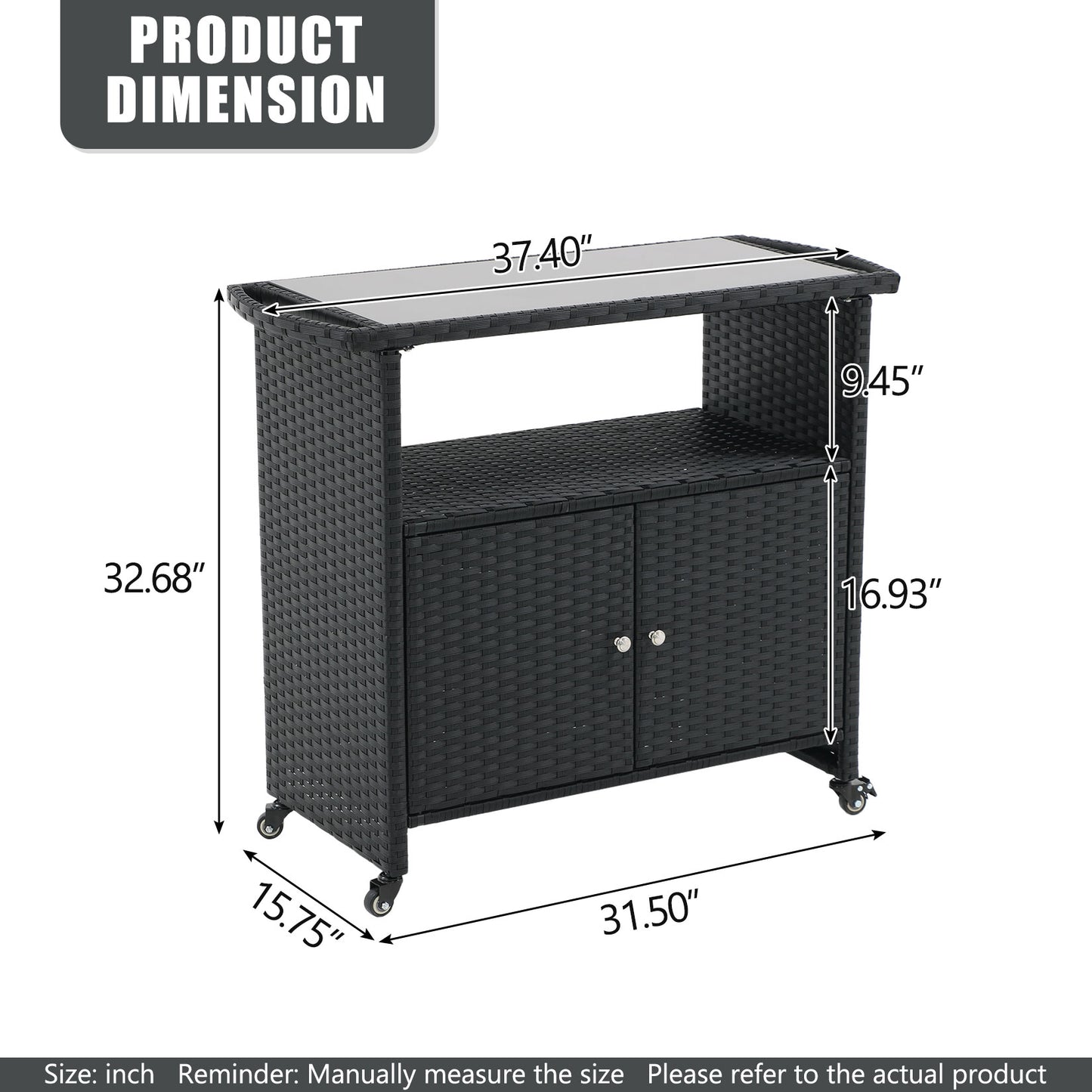 Outdoor Grill Cart with Tempered Glass Top, Multi-Functional BBQ Prep Table, All-Weather PE Rattan & Galvanized Steel, 4 Wheels with Brakes, Patio Kitchen Island for Grilling, Serving & Storage