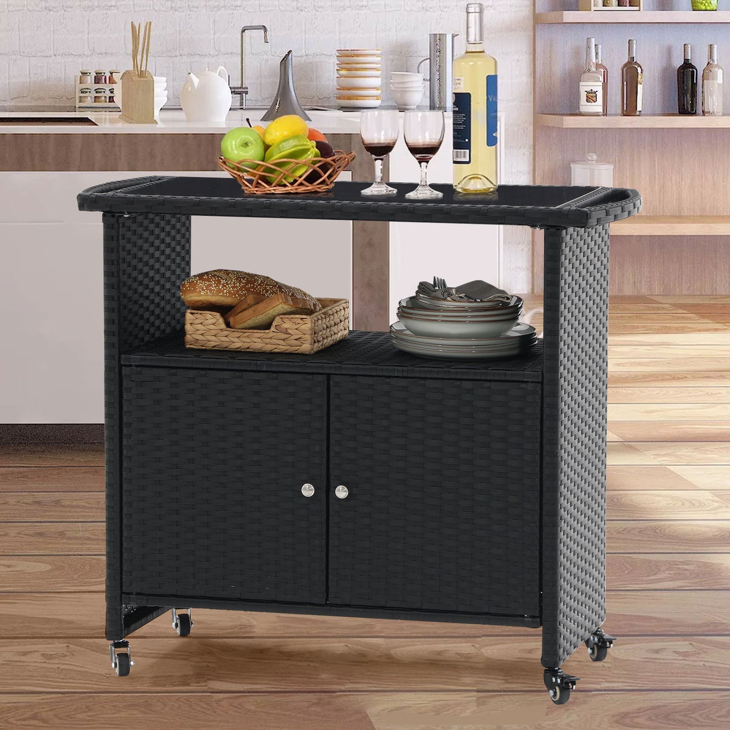 Outdoor Grill Cart with Tempered Glass Top, Multi-Functional BBQ Prep Table, All-Weather PE Rattan & Galvanized Steel, 4 Wheels with Brakes, Patio Kitchen Island for Grilling, Serving & Storage