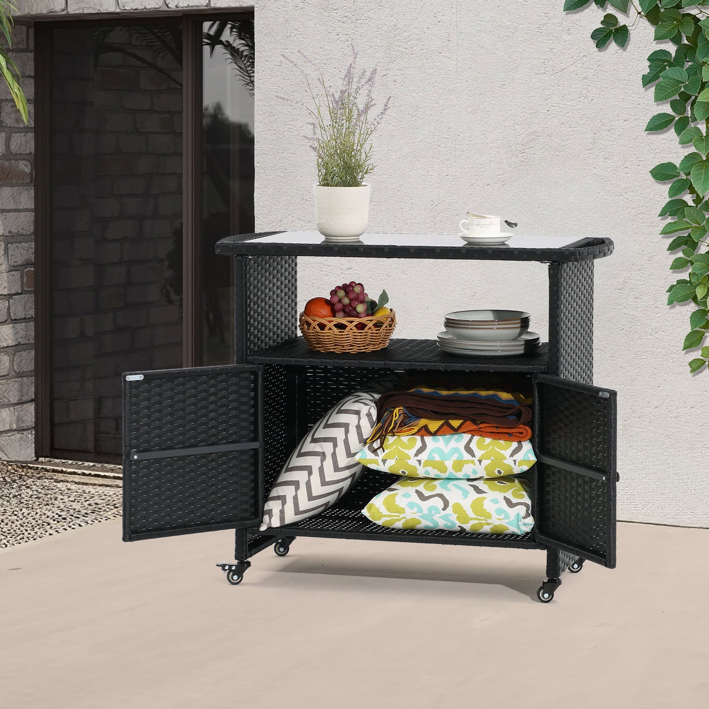 Outdoor Grill Cart with Tempered Glass Top, Multi-Functional BBQ Prep Table, All-Weather PE Rattan & Galvanized Steel, 4 Wheels with Brakes, Patio Kitchen Island for Grilling, Serving & Storage