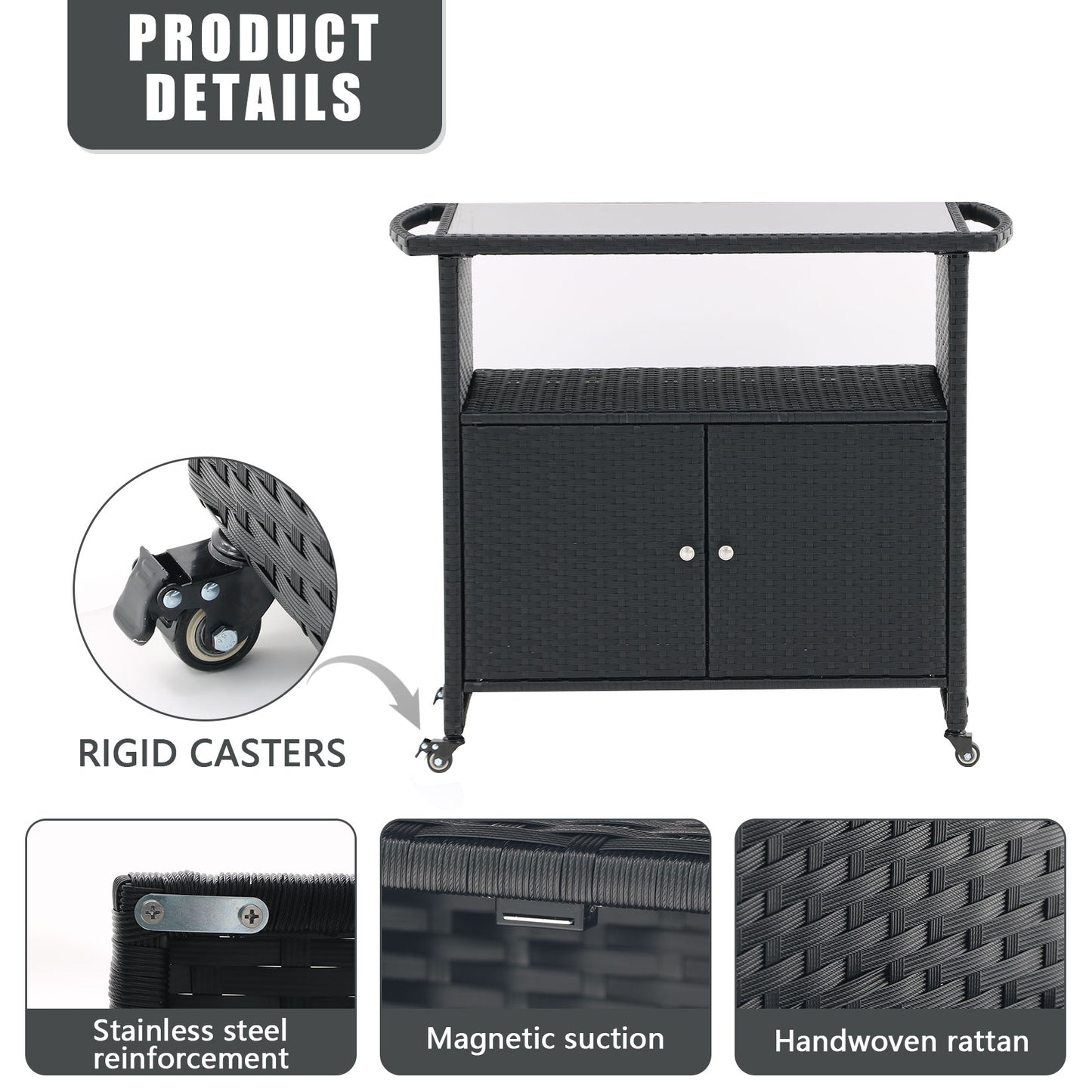 Outdoor Grill Cart with Tempered Glass Top, Multi-Functional BBQ Prep Table, All-Weather PE Rattan & Galvanized Steel, 4 Wheels with Brakes, Patio Kitchen Island for Grilling, Serving & Storage