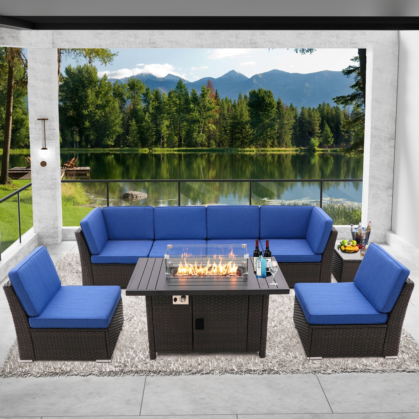 8 Pieces Patio Sofa with Gas Firepit Table and Tempered Coffee Table