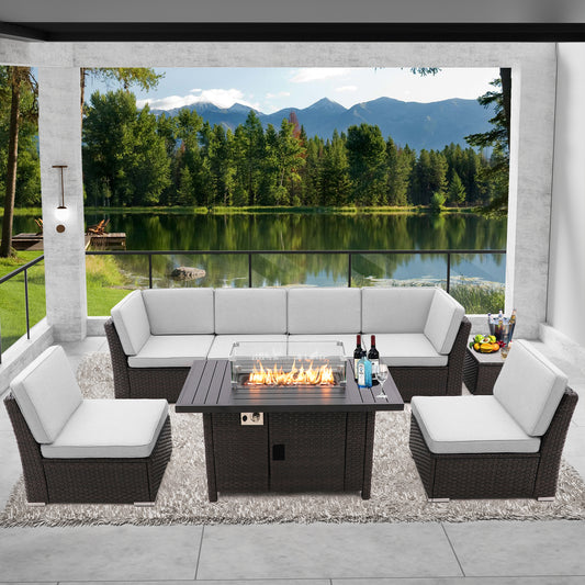 8 Pieces Patio Sofa with  Gas Firepit Table and Tempered Coffee Table