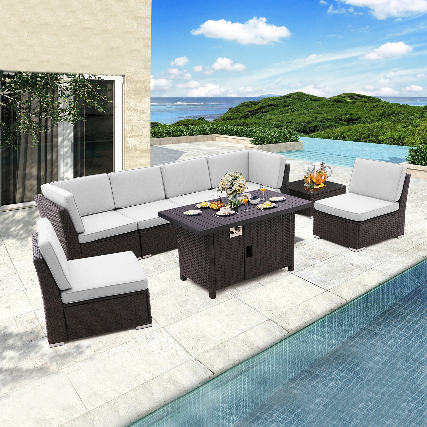 8 Pieces Patio Sofa with Gas Firepit Table and Tempered Coffee Table
