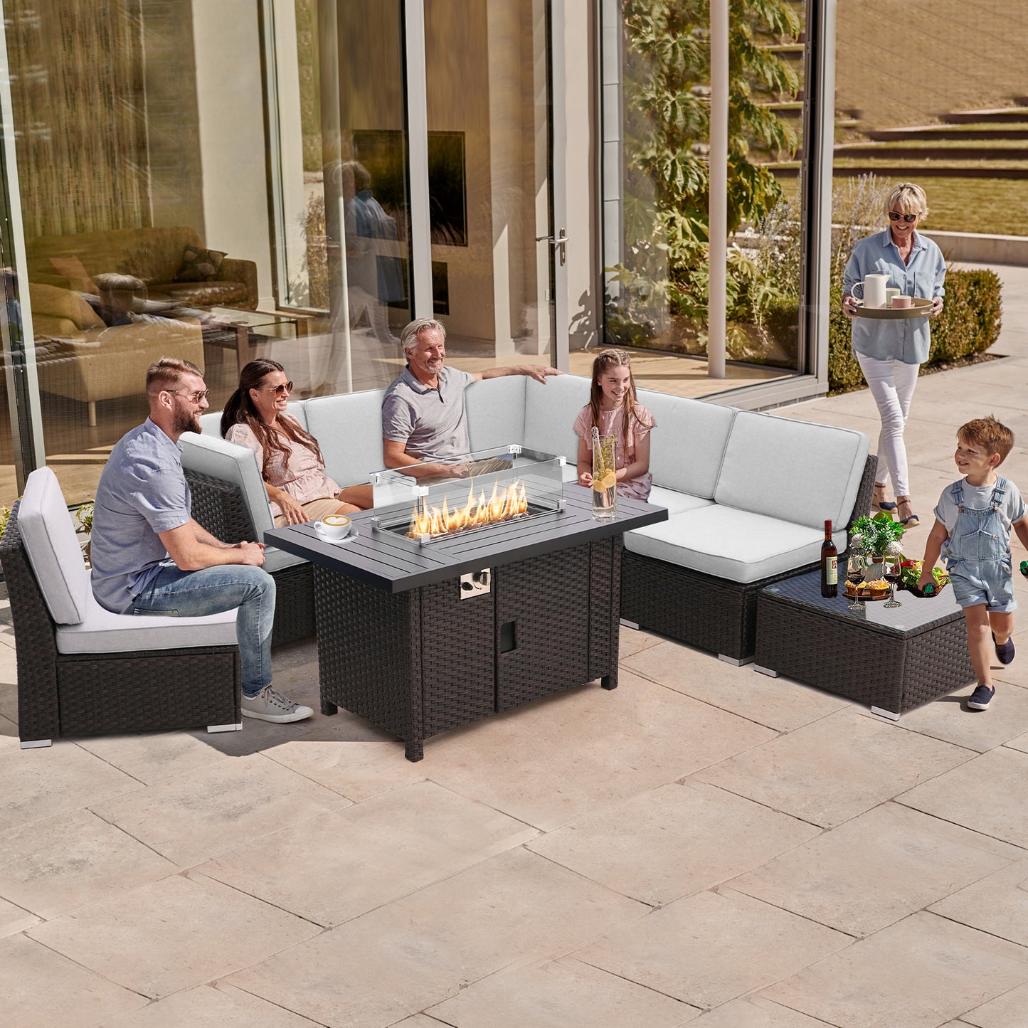 8 Pieces Patio Sofa with Gas Firepit Table and Tempered Coffee Table