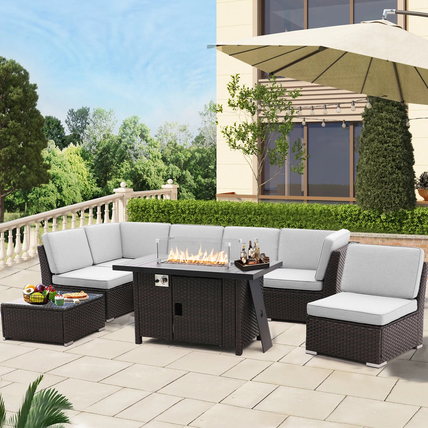 8 Pieces Patio Sofa with Gas Firepit Table and Tempered Coffee Table