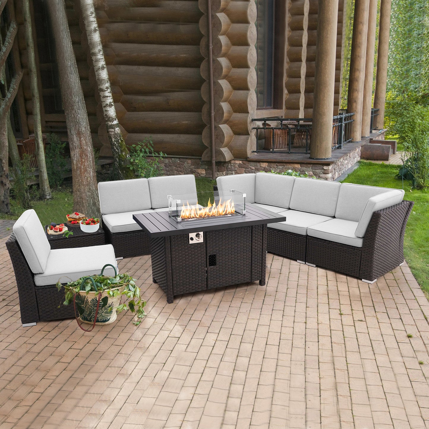 8 Pieces Patio Sofa with Gas Firepit Table and Tempered Coffee Table