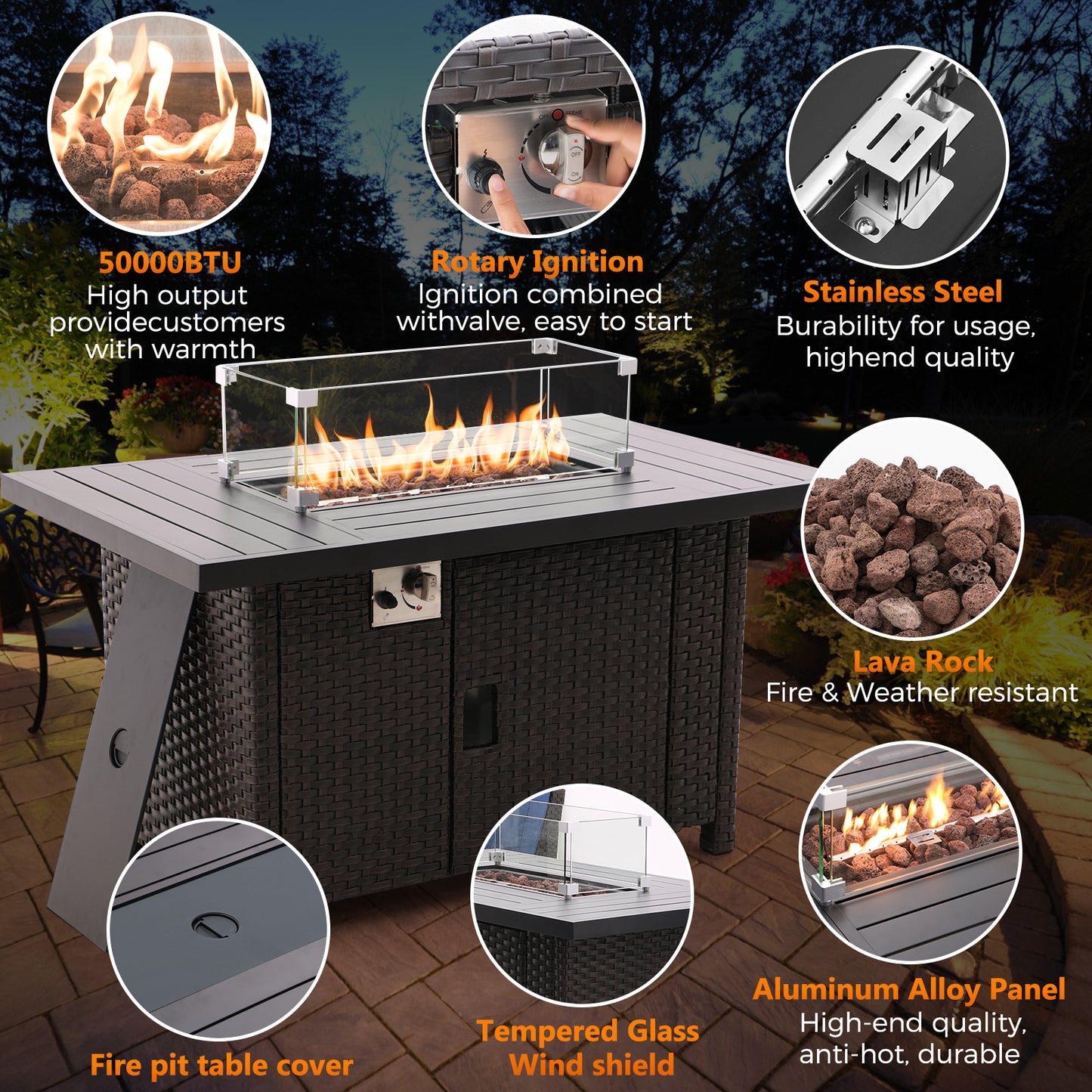 8 Pieces Patio Sofa with Gas Firepit Table and Tempered Coffee Table