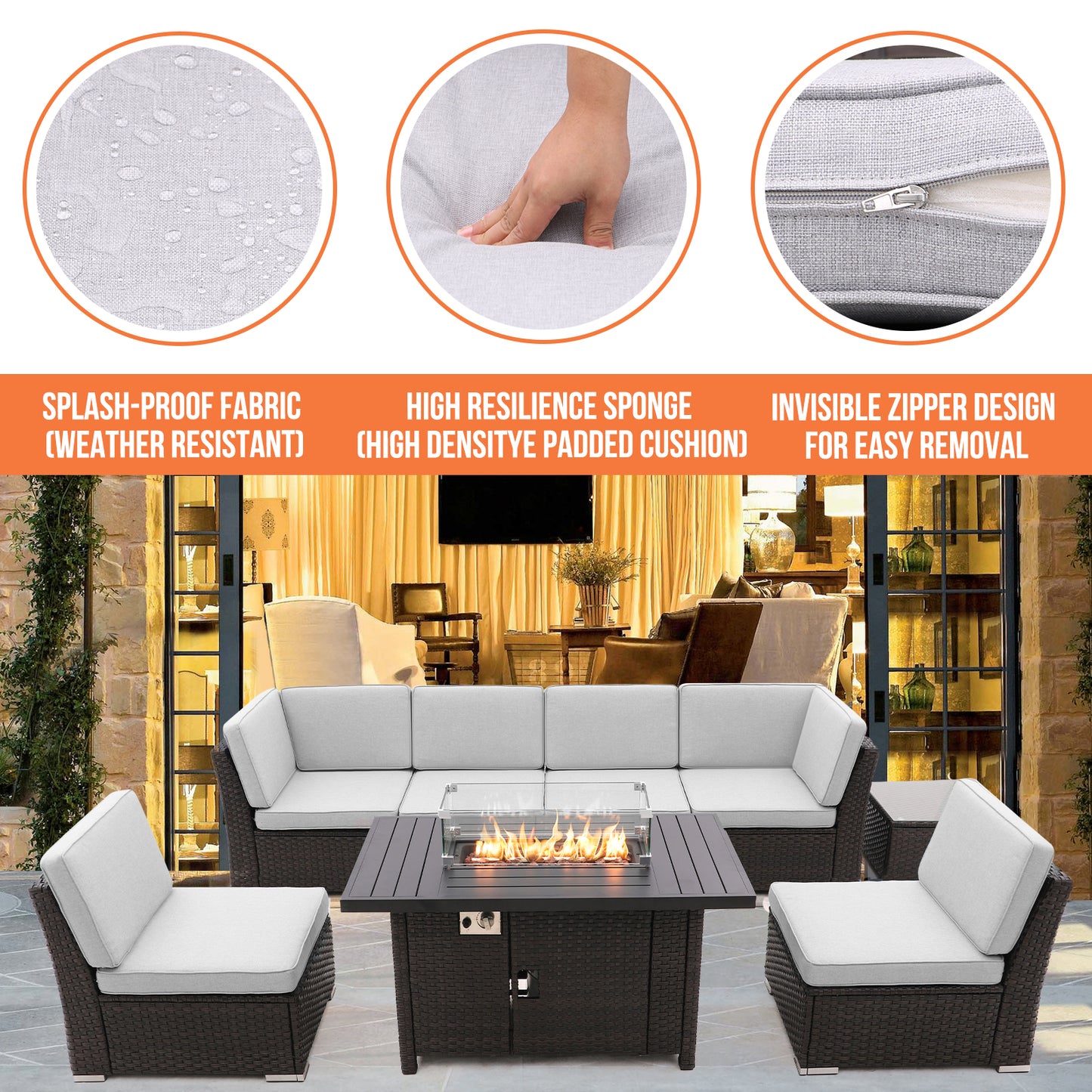 8 Pieces Patio Sofa with Gas Firepit Table and Tempered Coffee Table