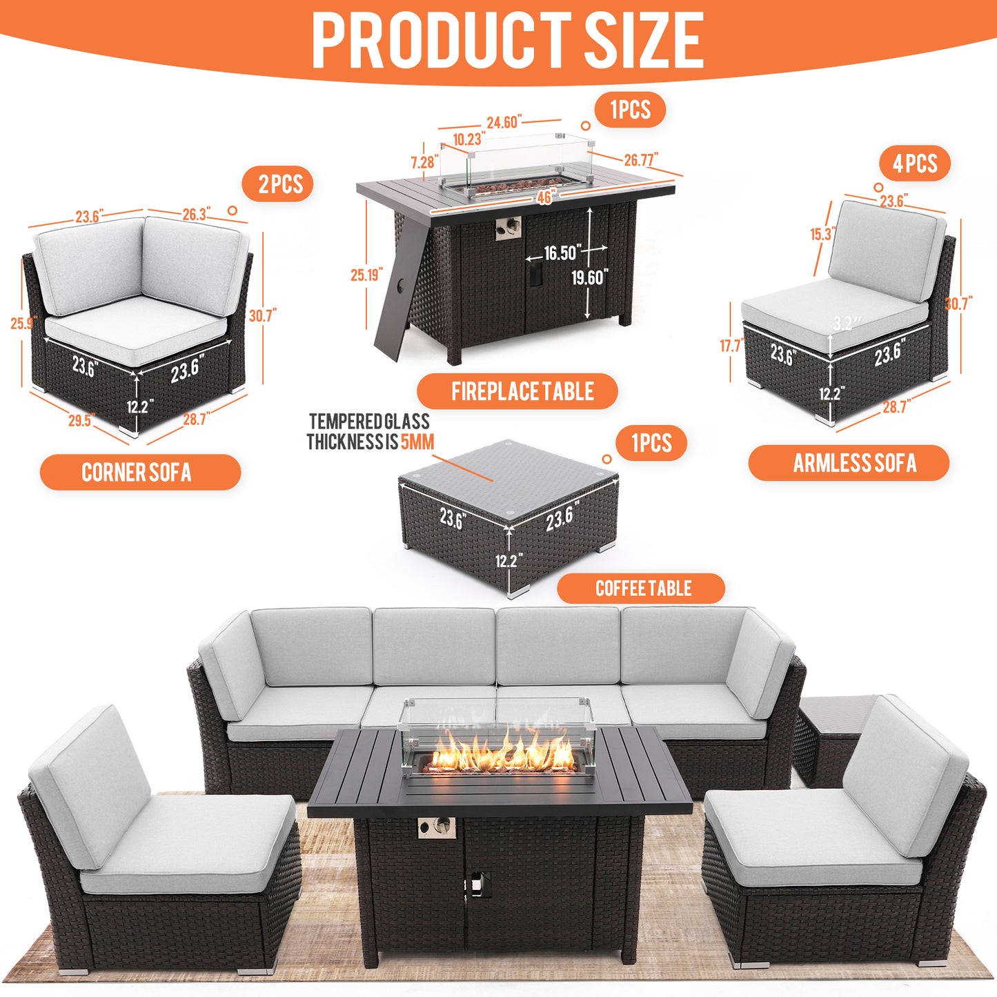 8 Pieces Patio Sofa with Gas Firepit Table and Tempered Coffee Table