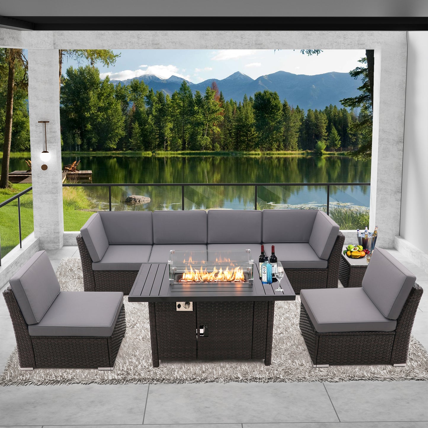 8 Pieces Patio Sofa with Gas Firepit Table and Tempered Coffee Table