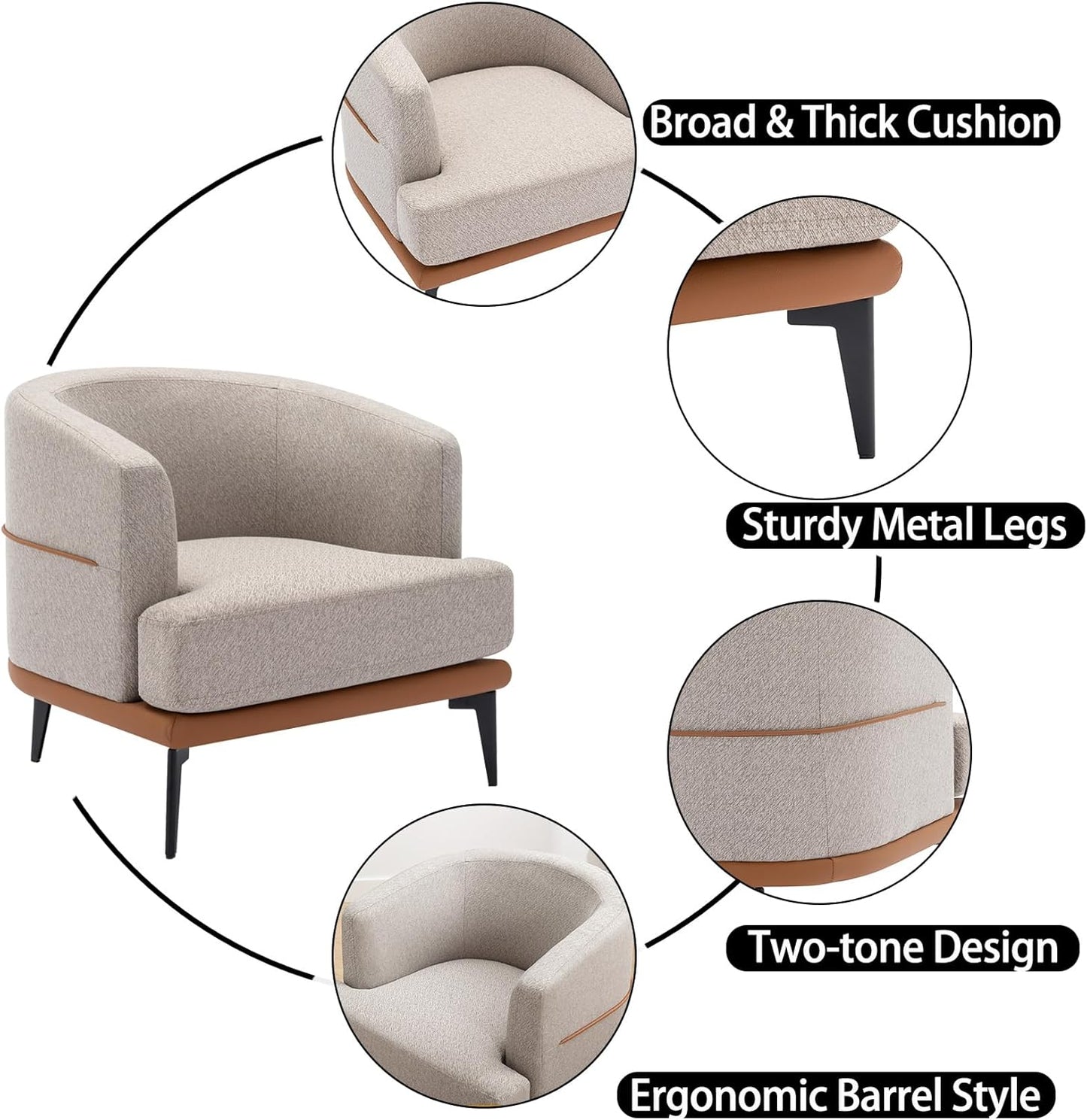 Accent Chair Two-tone Barrel Chair with Linen PU leather Single Sofa Side Chair