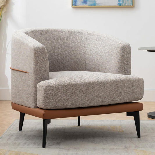 Accent Chair Two-tone Barrel Chair with Linen PU leather Single Sofa Side Chair