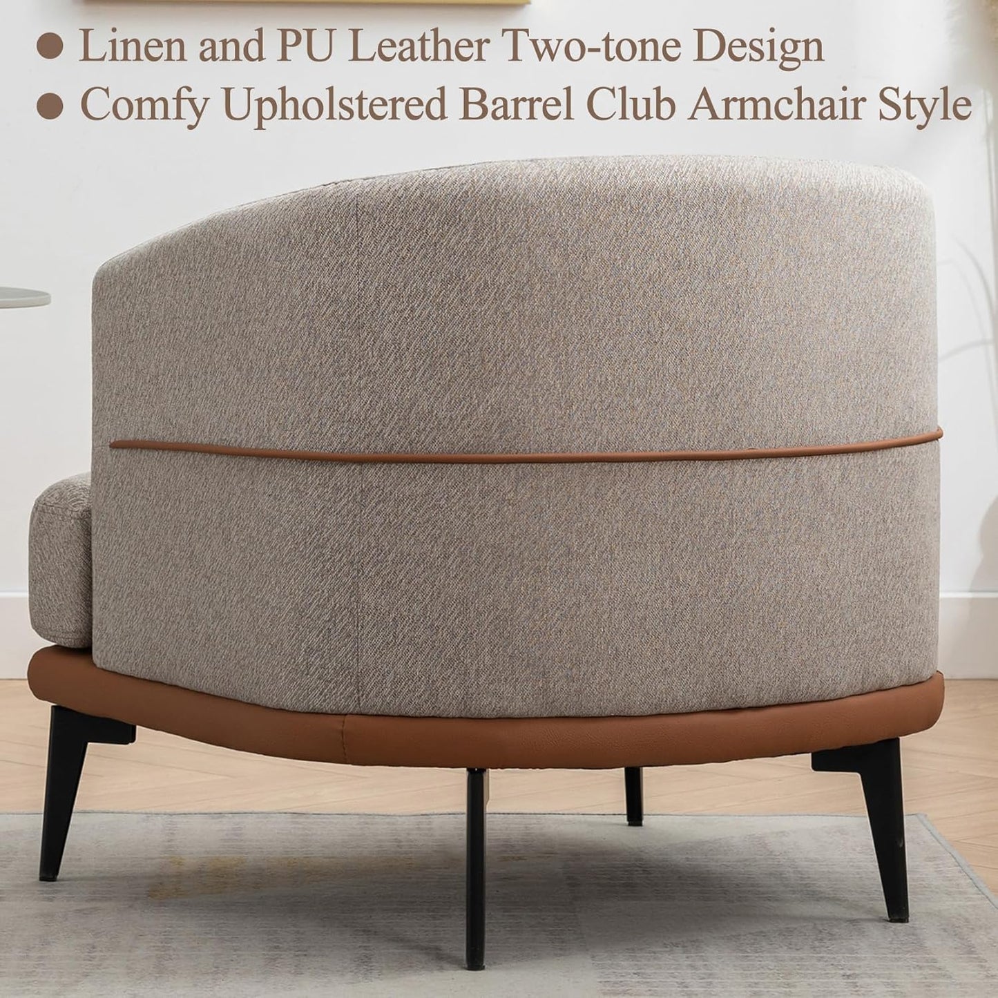 Accent Chair Two-tone Barrel Chair with Linen PU leather Single Sofa Side Chair