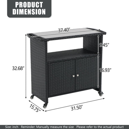 Outdoor Grill Cart with Tempered Glass Top, Multi-Functional BBQ Prep Table, All-Weather PE Rattan & Galvanized Steel, 4 Wheels with Brakes, Patio Kitchen Island for Grilling, Serving & Storage