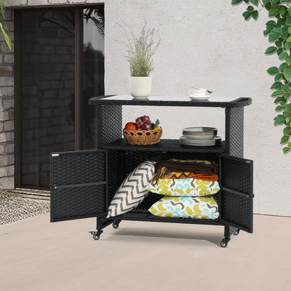 Outdoor Grill Cart with Tempered Glass Top, Multi-Functional BBQ Prep Table, All-Weather PE Rattan & Galvanized Steel, 4 Wheels with Brakes, Patio Kitchen Island for Grilling, Serving & Storage