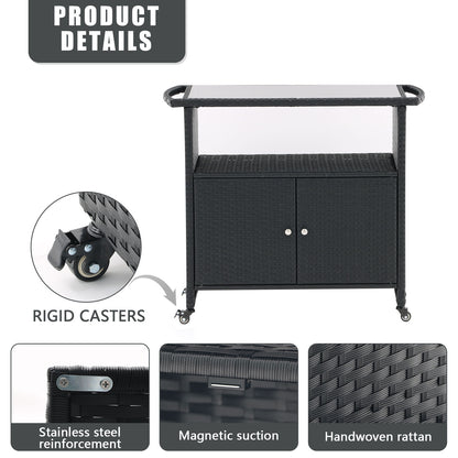 Outdoor Grill Cart with Tempered Glass Top, Multi-Functional BBQ Prep Table, All-Weather PE Rattan & Galvanized Steel, 4 Wheels with Brakes, Patio Kitchen Island for Grilling, Serving & Storage