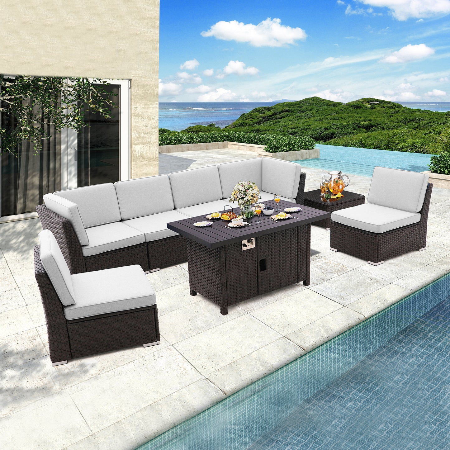 6 Pieces Patio Sofa with  Gas Firepit Table and Tempered Coffee Table